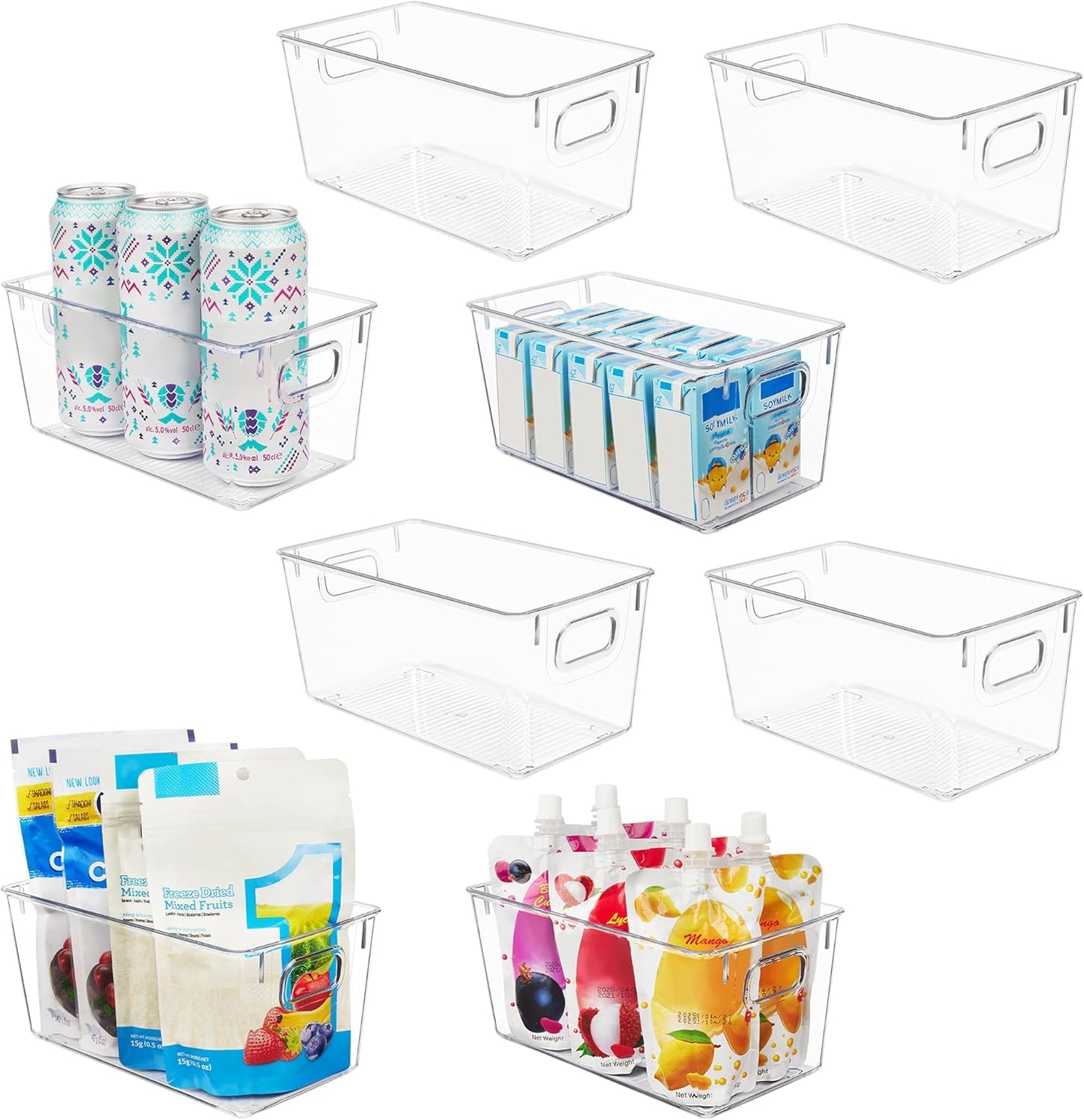 YIHONG 6 Pack Clear Pantry Organizer Bins, Plastic Containers with Handle for Kitchen,Freezer,Cabinet,Closet,Bathroom Under Sink Storage