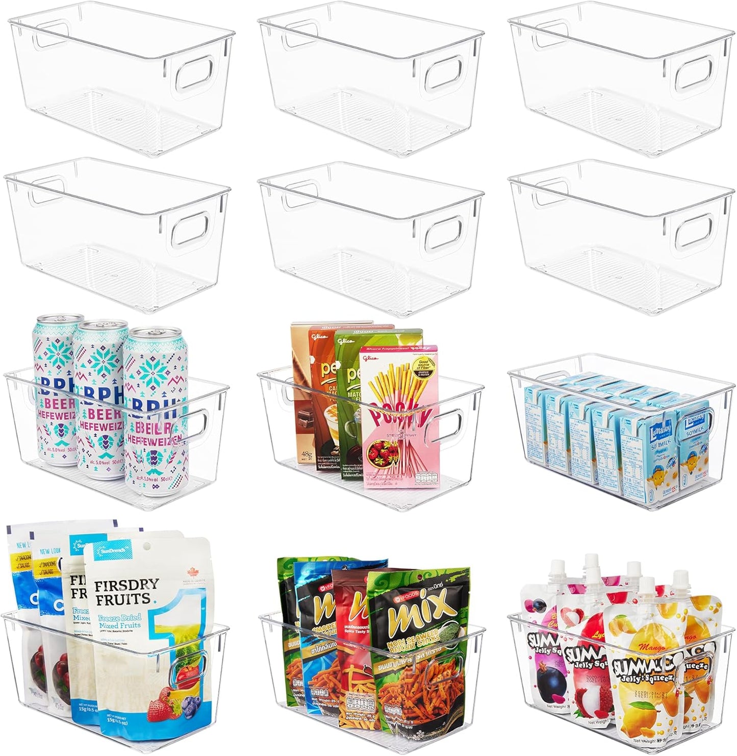 YIHONG 6 Pack Clear Pantry Organizer Bins, Plastic Containers with Handle for Kitchen,Freezer,Cabinet,Closet,Bathroom Under Sink Storage