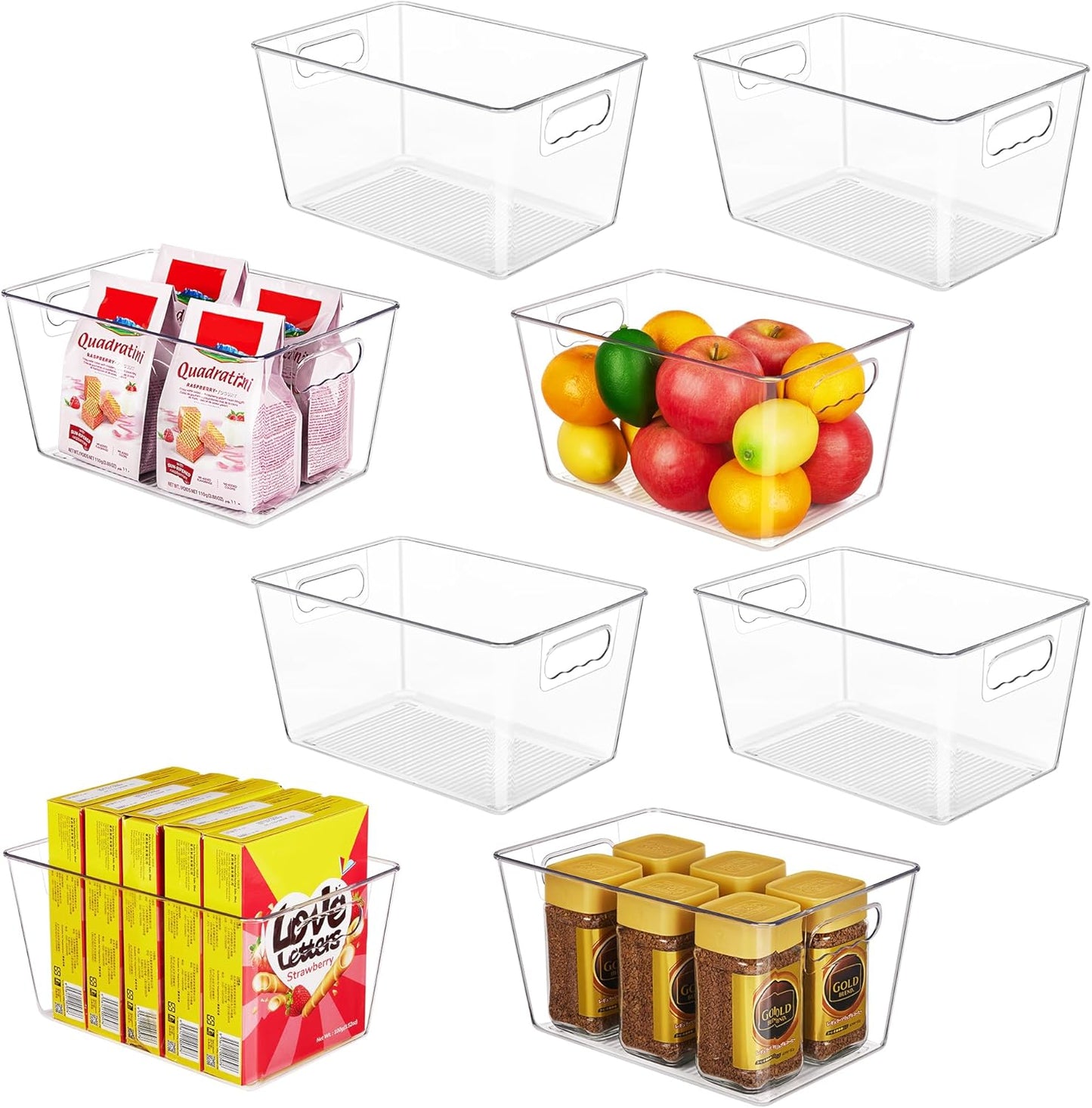 YIHONG 6 Pack Clear Pantry Organizer Bins, Plastic Containers with Handle for Kitchen,Freezer,Cabinet,Closet,Bathroom Under Sink Storage
