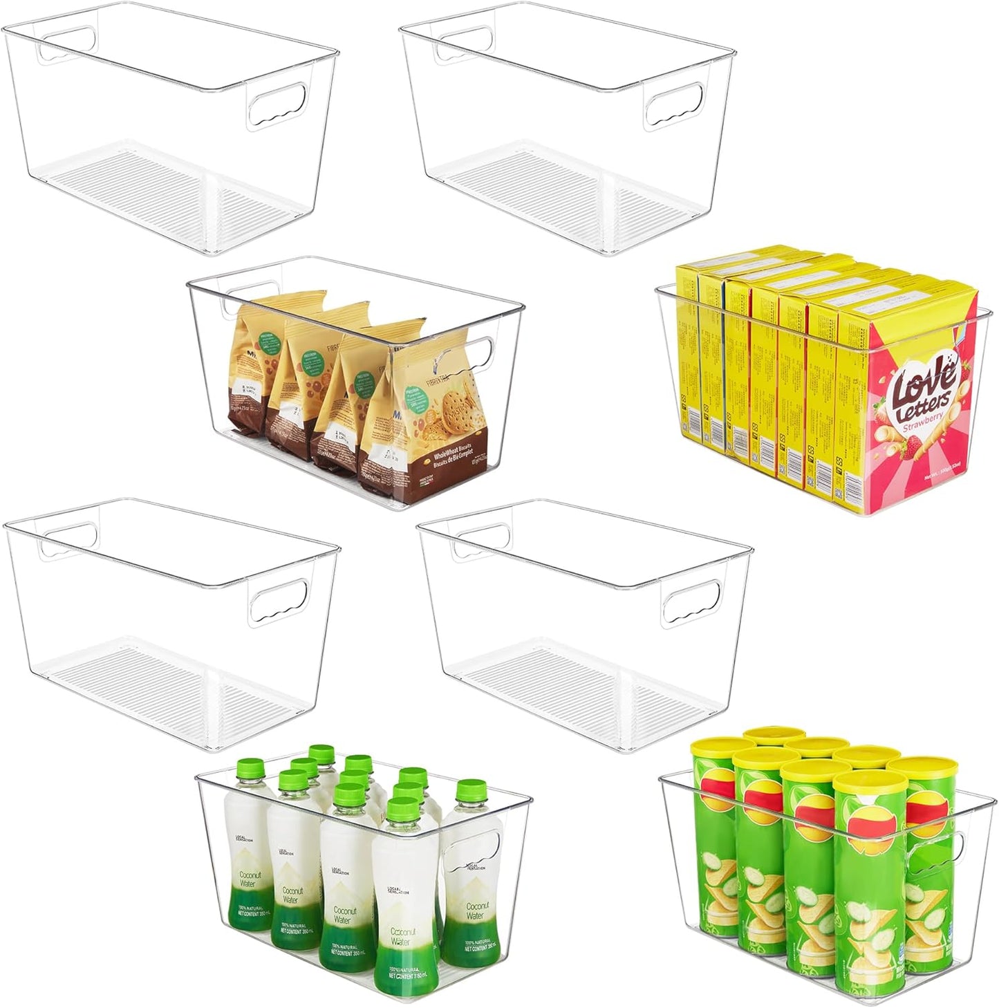 YIHONG 6 Pack Clear Pantry Organizer Bins, Plastic Containers with Handle for Kitchen,Freezer,Cabinet,Closet,Bathroom Under Sink Storage